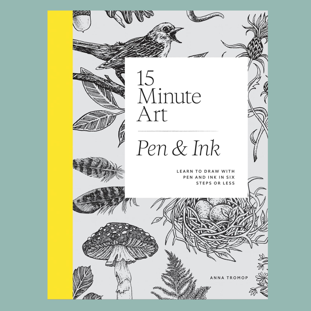Book cover of '15 Minute Art: Pen & Ink' with black line art on a light gray background.