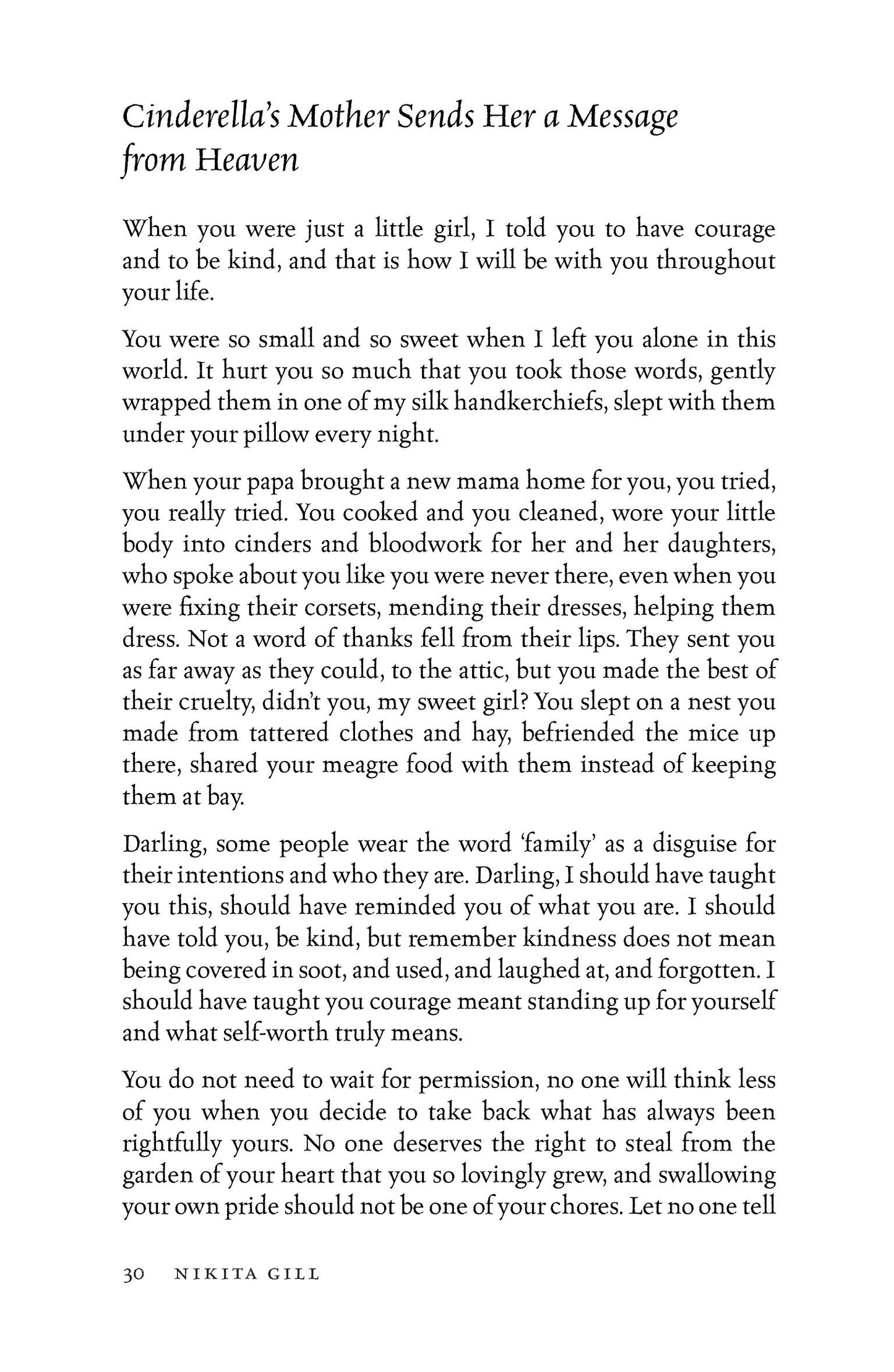 Insert page of Fierce Fairytales book, telling a story of 'Cinderella's mother sends her a message from heaven'. Image is black text on a white background