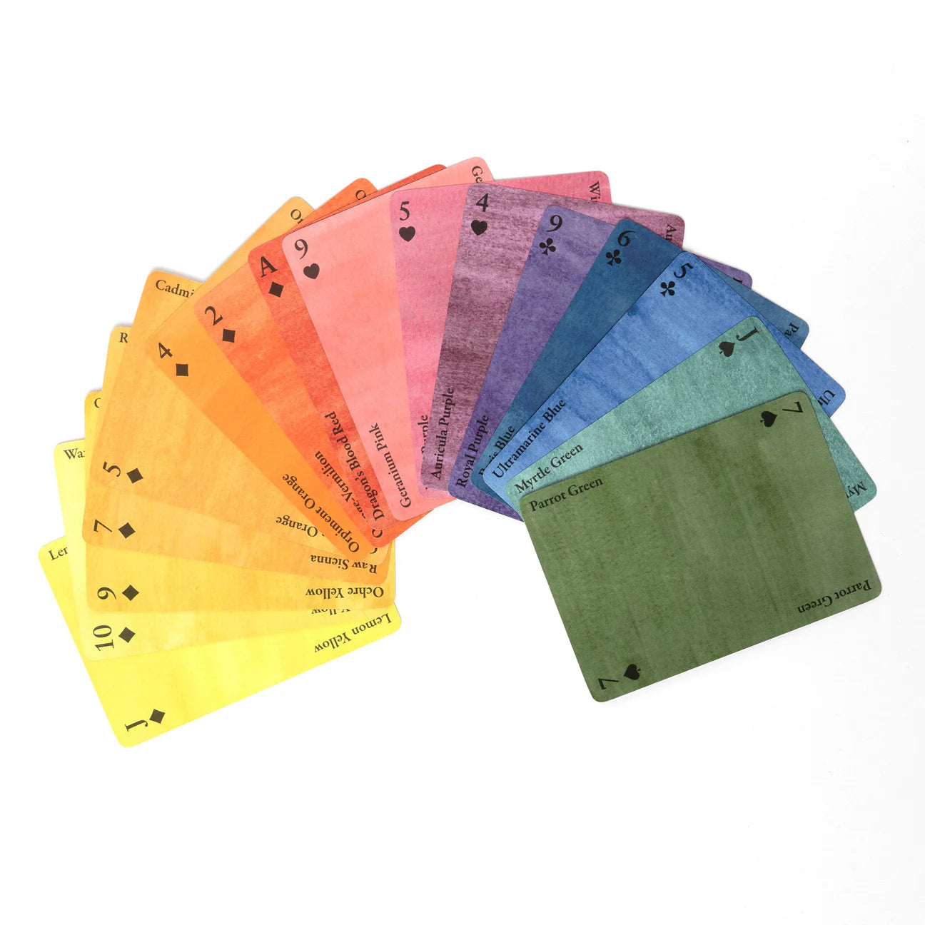 Set of colorful playing cards arranged in a fan shape on a white background