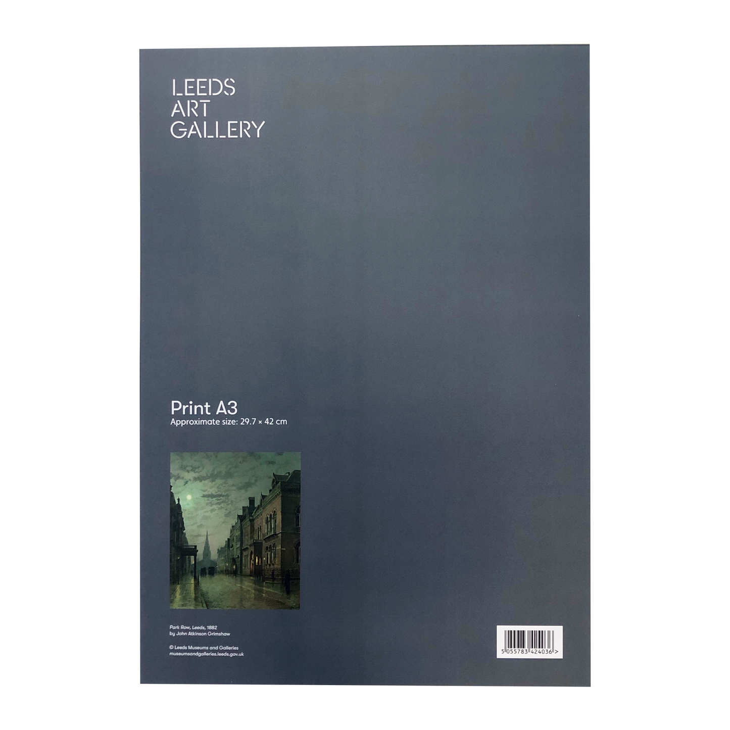 Back of print of Park Row by John Atkinson Grimshaw with grey Leeds Art Gallery branding