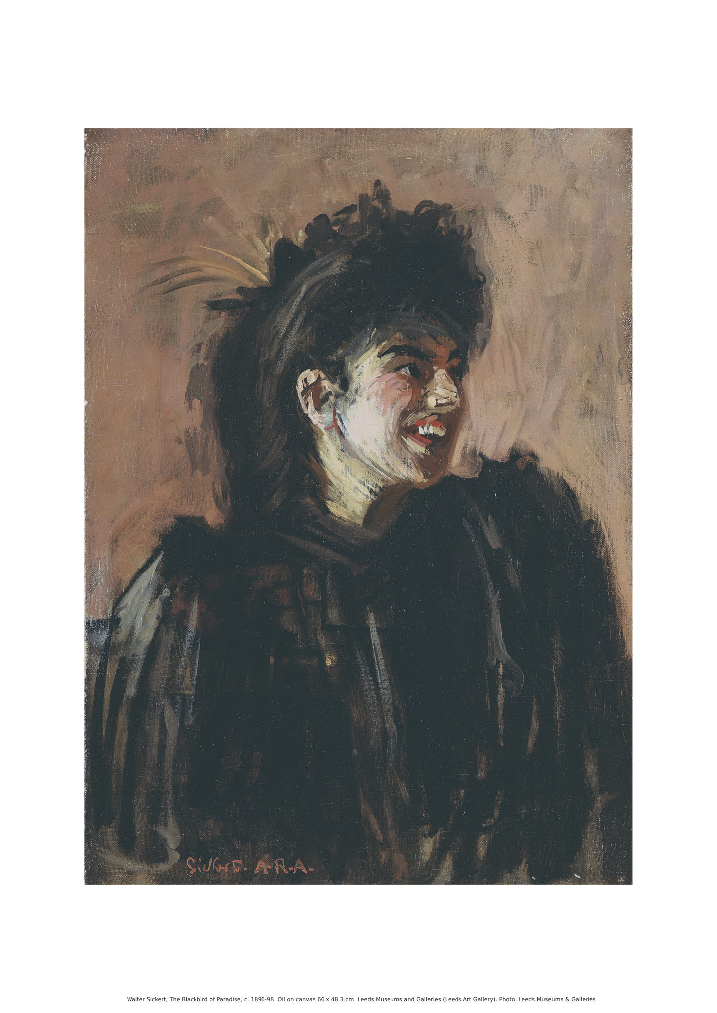 Print of the painting 'Blackbird of Paradise', a painting of a woman, dressed in black with black hair, smiling while looking to the right on a brown background.