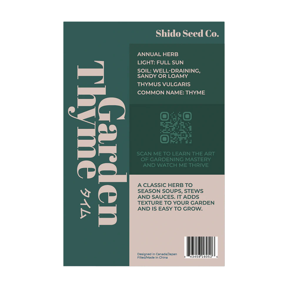 Shedo Seed Co. thyme seed packet with text on a transparent background.