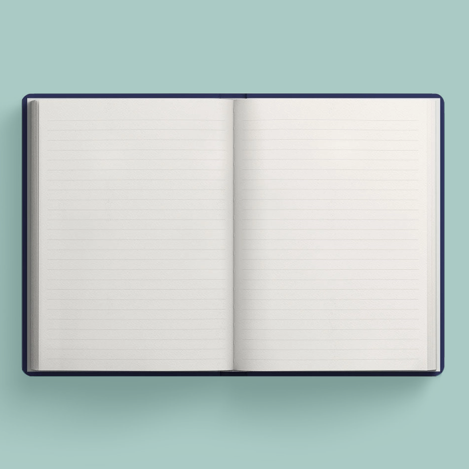 An open lined notebook with blank white pages, centered on a solid light teal background.