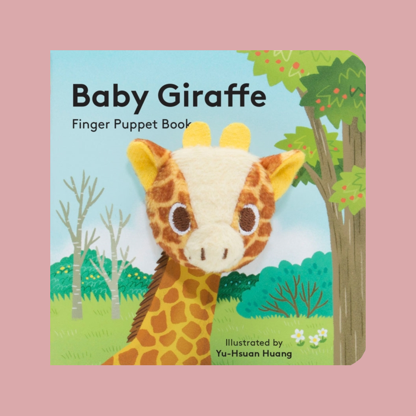 Baby Giraffe Finger Puppet Book cover featuring a plush giraffe on a colorful illustrated safari background, centered on a dusty pink backdrop.