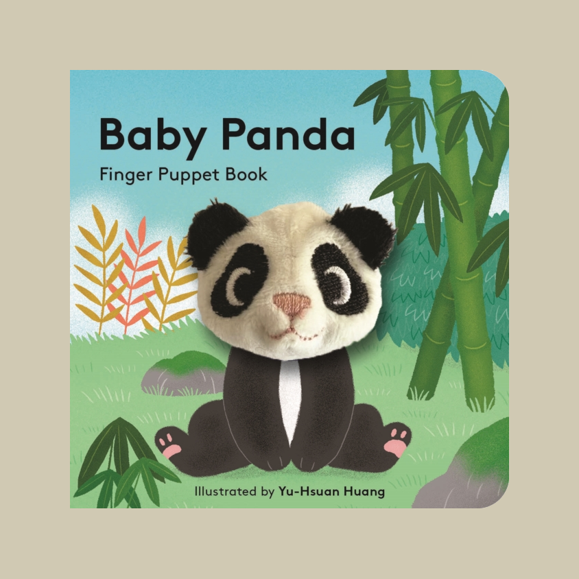 Front cover of the children's book 'Baby Panda Finger Puppet Book' showing an illustrated panda with a plush head sitting in a bamboo forest, with the title text at the top and 'Illustrated by Yu-Hsuan Huang' at the bottom.