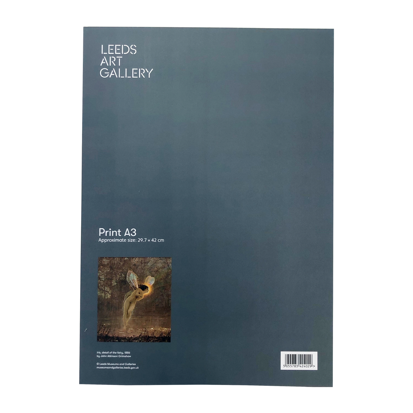 Back of print of Iris by John Atkinson Grimshaw with grey Leeds Art Gallery branding