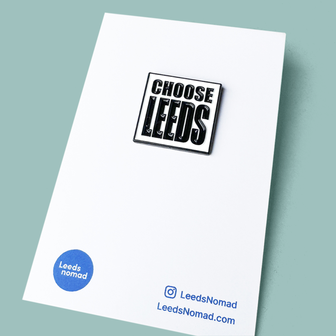 White card with 'Choose Leeds' pin badge and branding on a light blue background