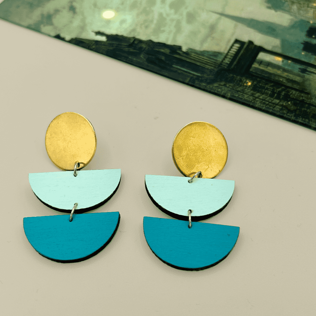Large Brass Circle and Semi Circle Drop Earrings - Mint