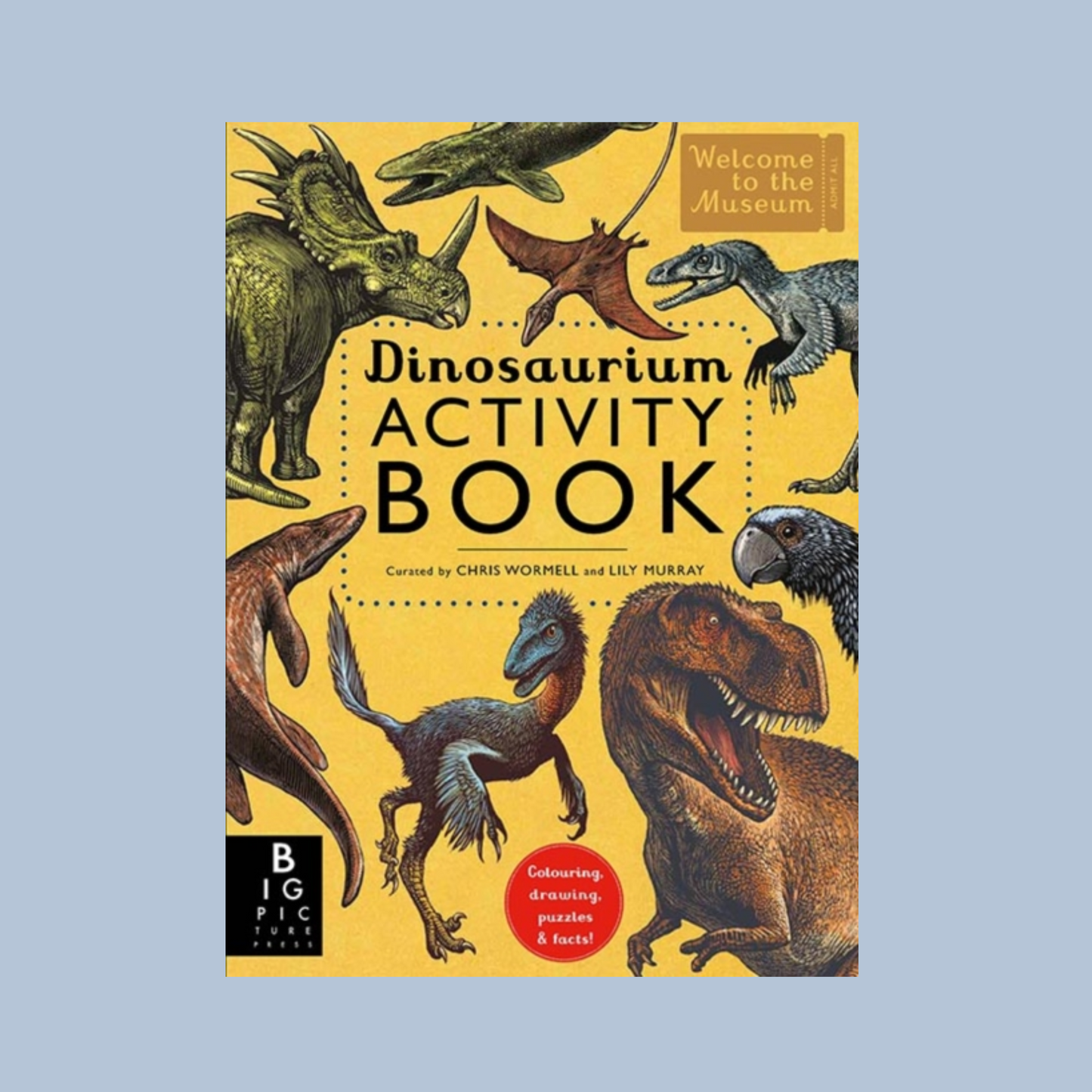 Dinosaur-themed activity book cover with illustrations of dinosaurs on a yellow background