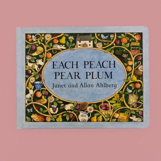 Book cover of 'Each Peach Pear Plum' with decorative elements and text on a pink background