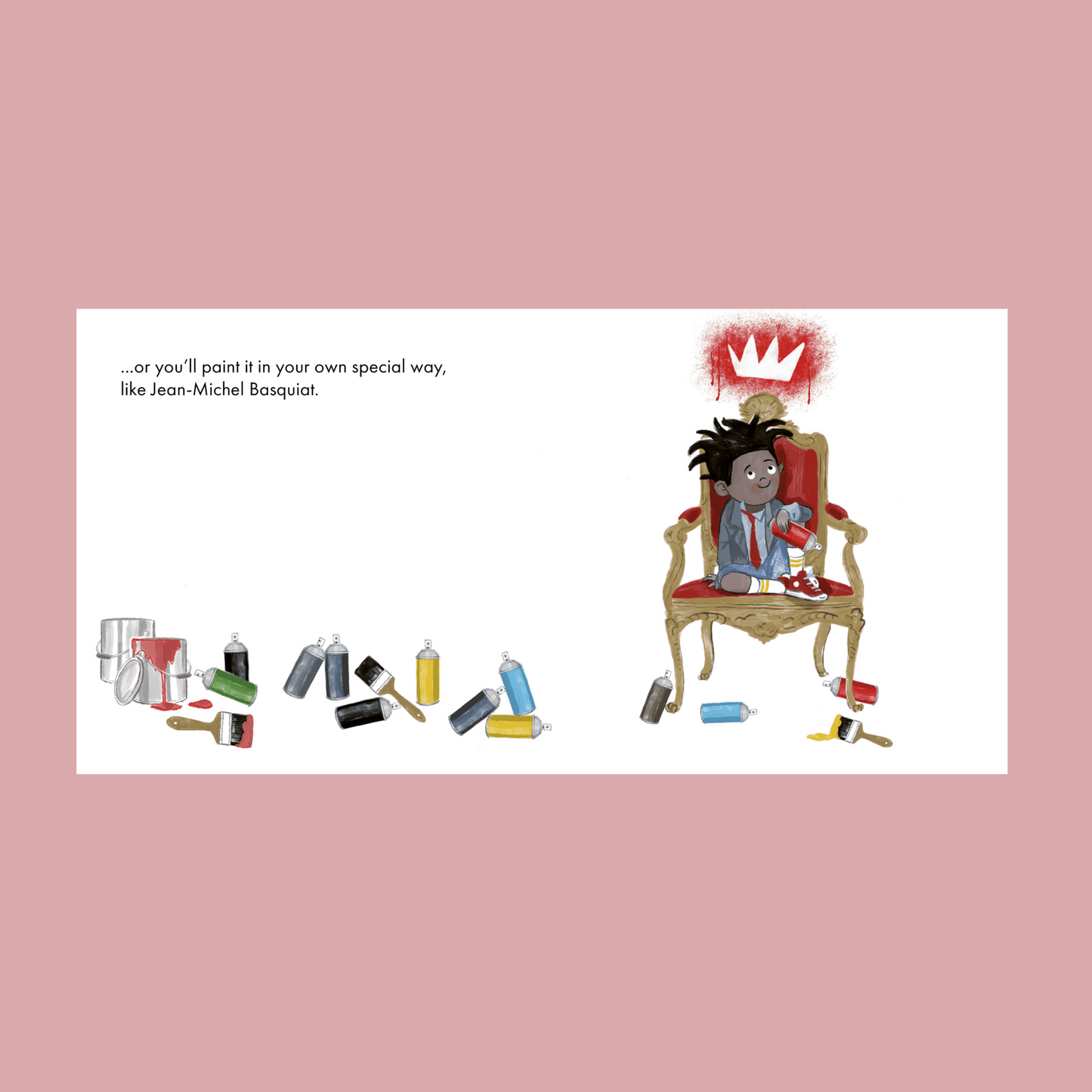Illustration of a person sitting on a chair with a crown, surrounded by art supplies, on a pink background.