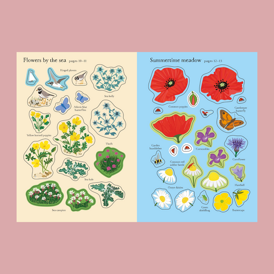Two sheets of educational stickers featuring flowers by the sea and summertime meadow on a pink background.