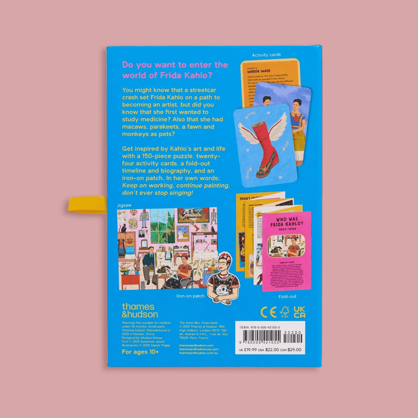 Back cover of a box with colorful illustrations and text on a pink background