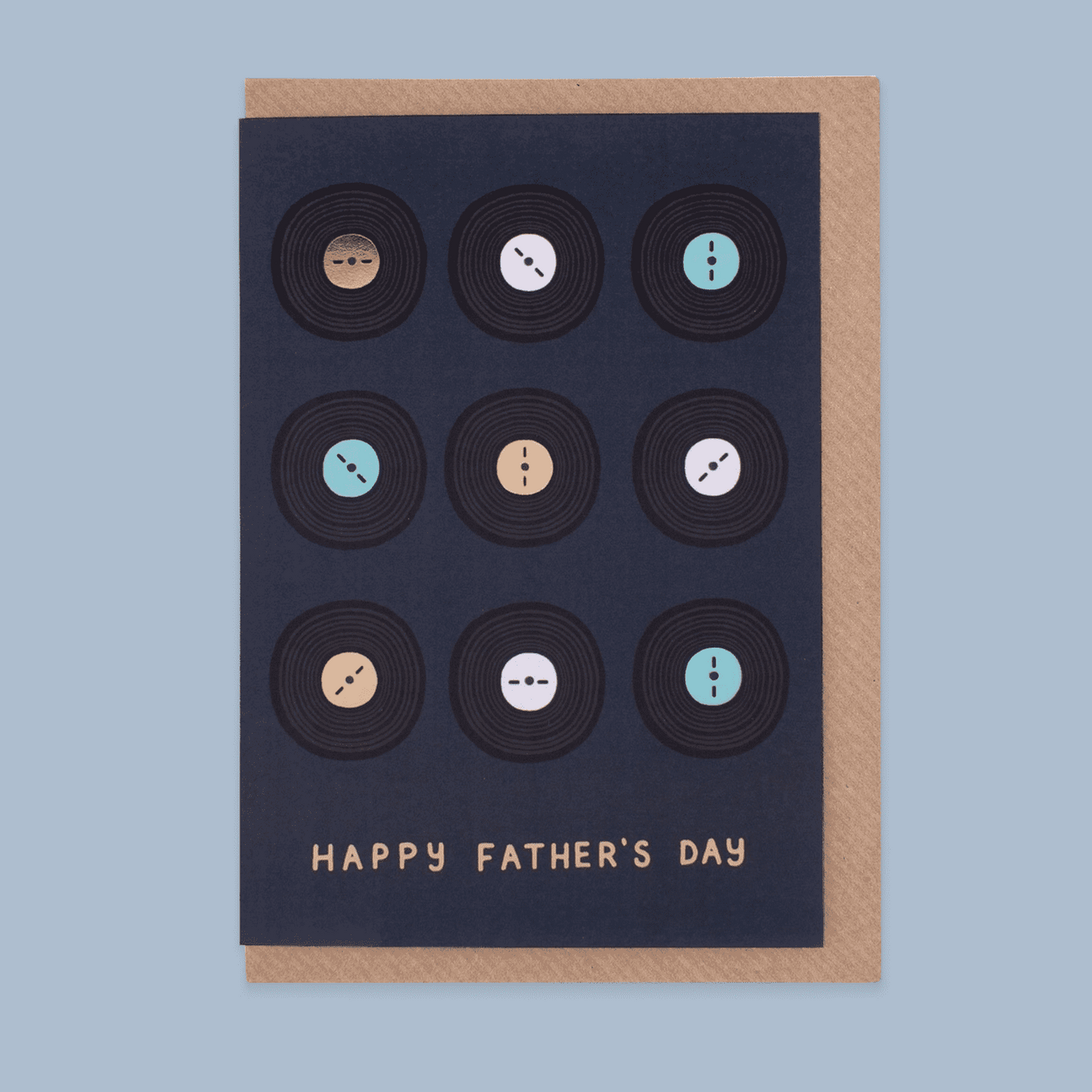 Father's Day card with vinyl record design on a blue background