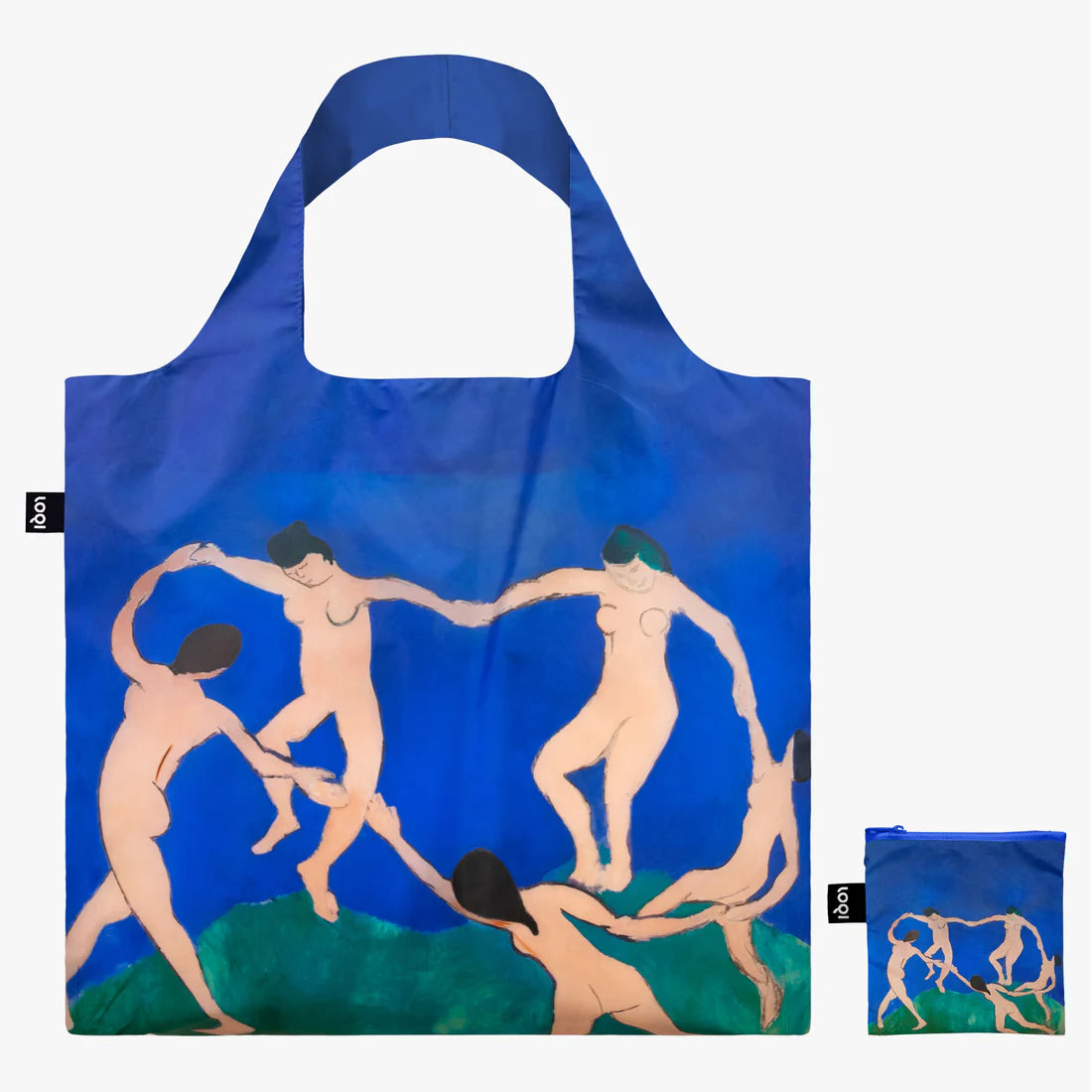 A square blue shopping bag with a painting of nude figures holding hands in a circle, on a plain background.