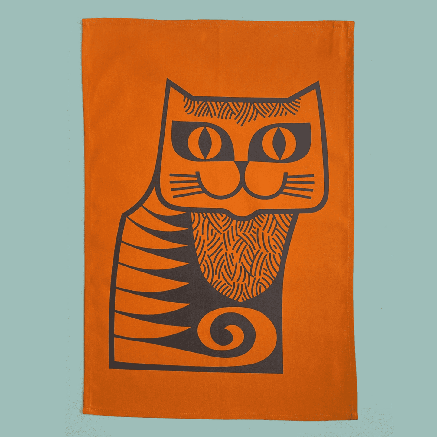 Orange towel with black cat design on a light blue background