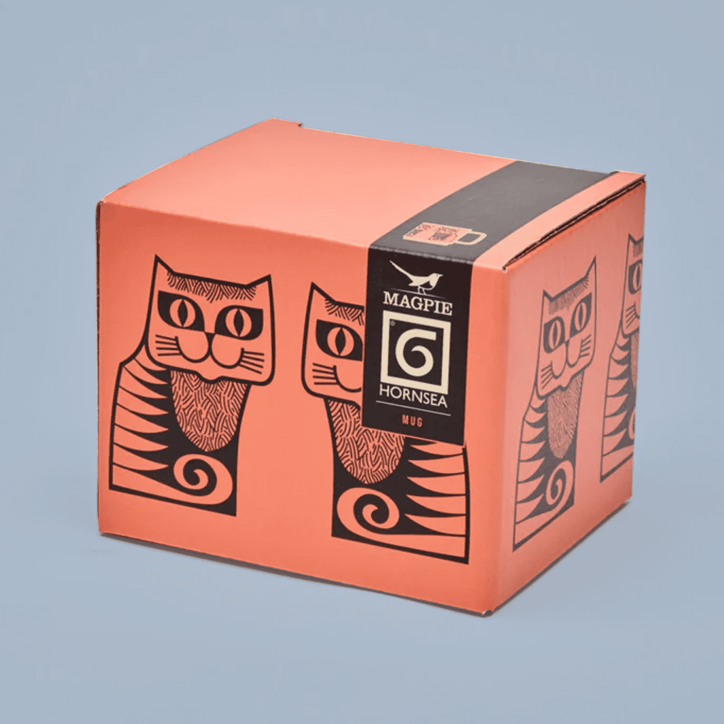 Orange box with black cat illustrations and 'Magpie Hornsea' branding on a light blue background