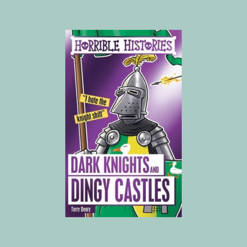 Book cover for 'Horrible Histories: Dark Knights and Dingy Castles' by Terry Deary, featuring a cartoon knight in armor on a purple background with green and yellow accents.