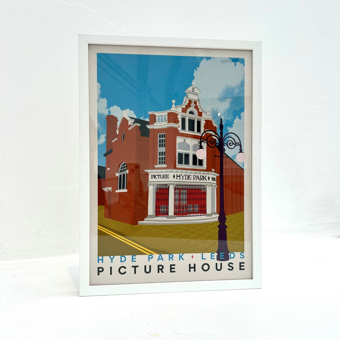 Framed artwork of a building with 'Hyde Park Leeds Picture House' text on a white background.