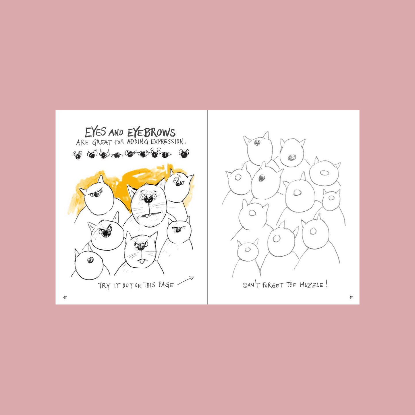 Illustrated pages from a book showing cat face drawings with text on a pink background