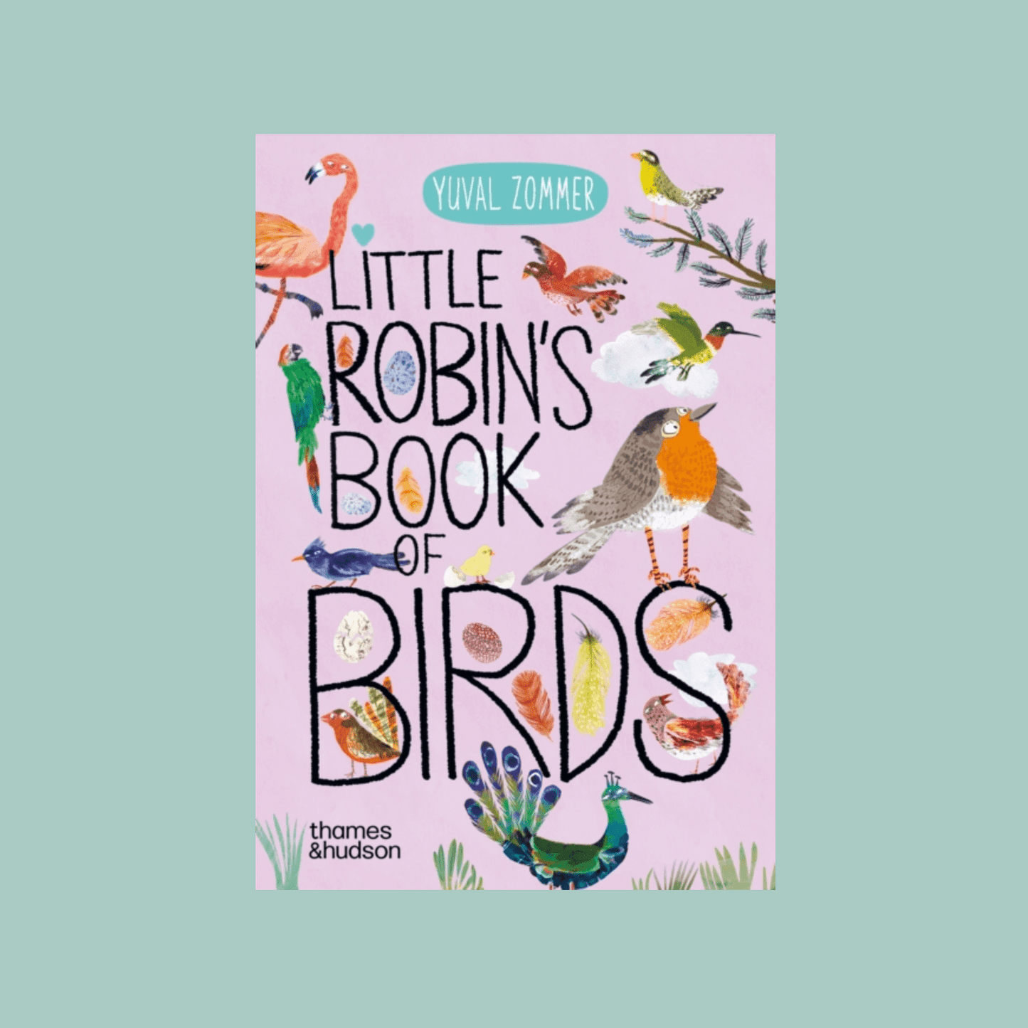 Book cover of 'Little Robin's Book of Birds' with illustrations of birds on a pink background