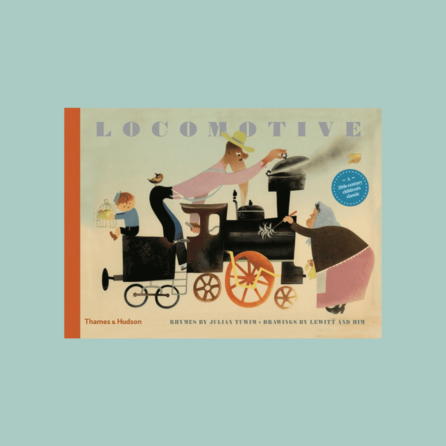 Book cover of 'Locomotive' with illustrations of a train and people on a light blue background