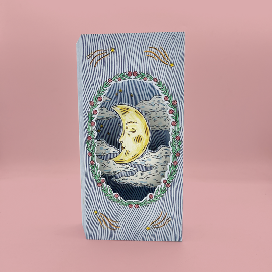 A tall greetings card with a whimsical celestial illustration, standing upright against a solid pink background. The package features a blue and white striped border with a central oval illustration of a smiling crescent moon, stars, and clouds, framed by a green wreath with red berries.
