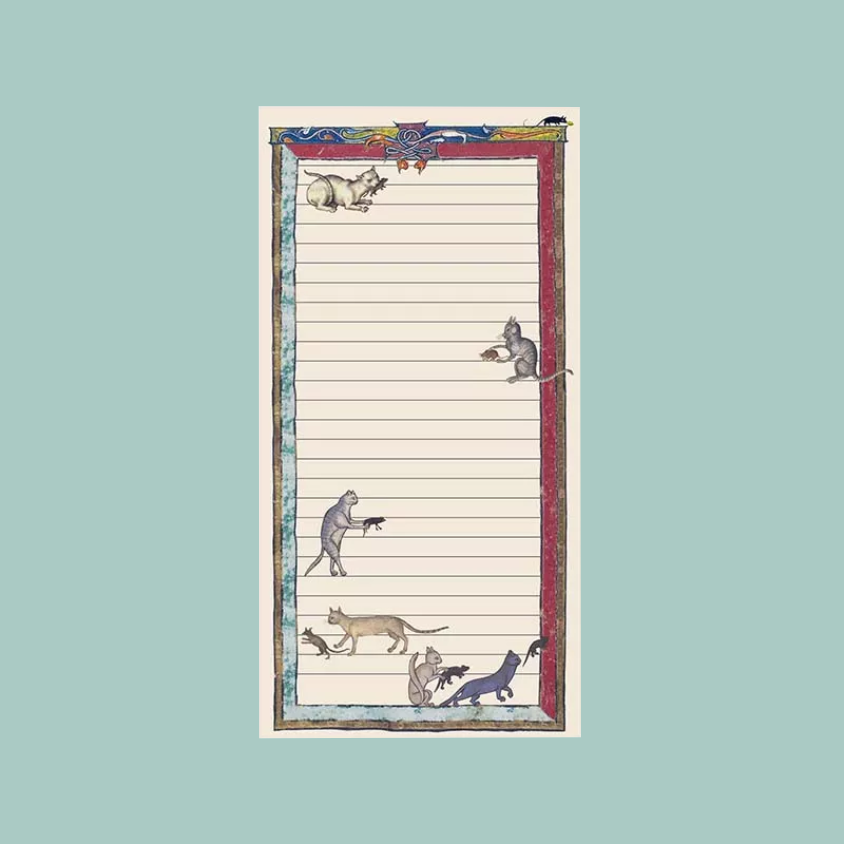 A vertical lined notepad with a decorative border featuring illustrated cats in various poses, set against a solid light blue-green background.