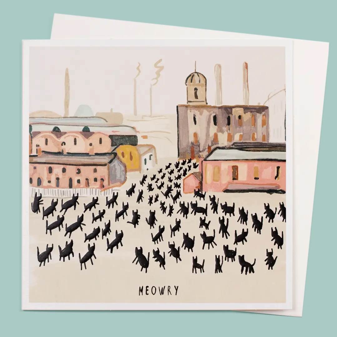 Greetings card of a painting of black cats walking towards a building in an industrial scene, on a teal background.