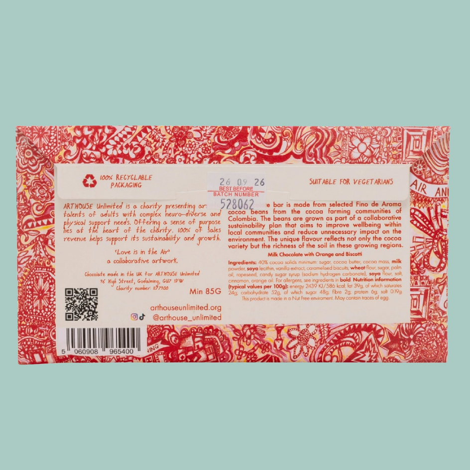 The back of red and white patterned Art House Unlimited packaging, showing product information, ingredients, a QR code, and a barcode against a solid light teal background.