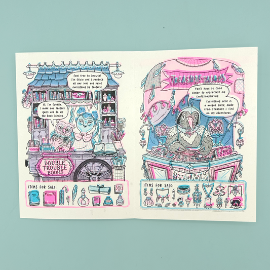 A spread from the zine featuring whimsical fantasy shop scenes in pastel pink, blue, and black ink on white paper, displayed against a solid light blue background.