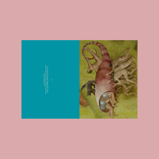 A notecard shown against a solid pink background. The artwork is split into two halves: the left side is a solid teal-blue block with small white vertical text, and the right side shows a vintage-style illustration of a pinkish creature with pale figures on a yellow-green ground.