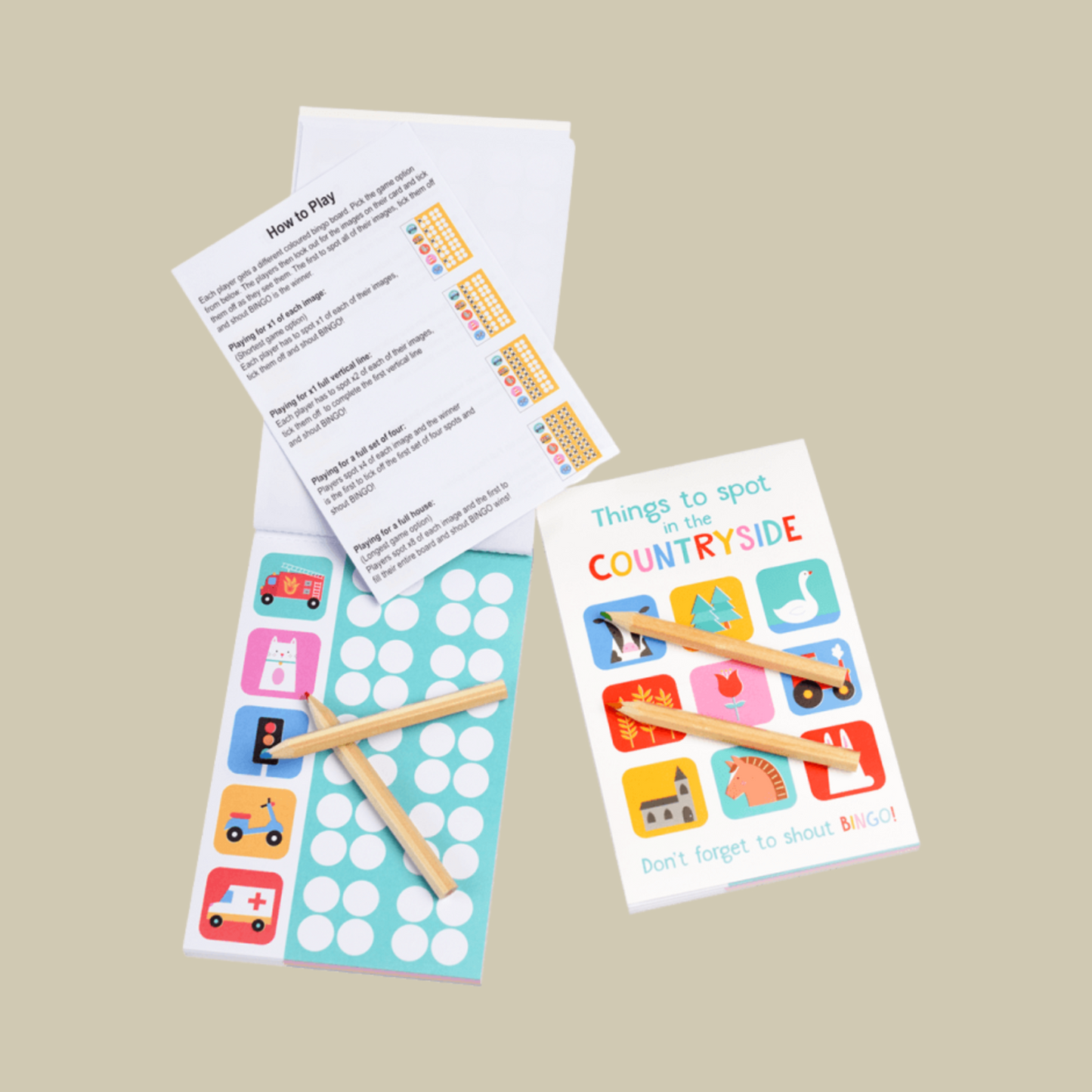Educational game with cards and pencils on a beige background