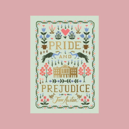 Book cover of 'Pride and Prejudice' by Jane Austen with decorative elements on a pink background