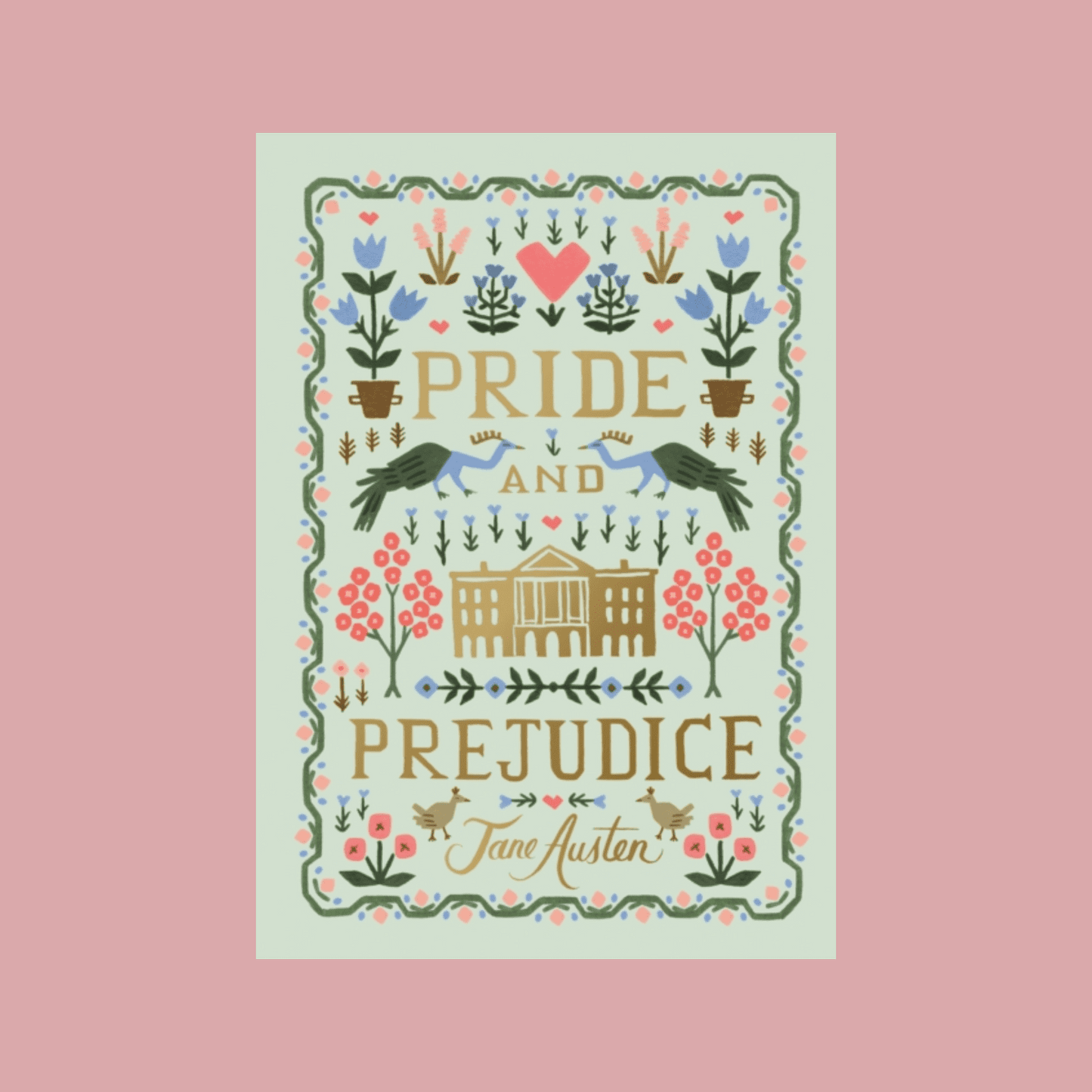 Book cover of 'Pride and Prejudice' by Jane Austen with decorative elements on a pink background