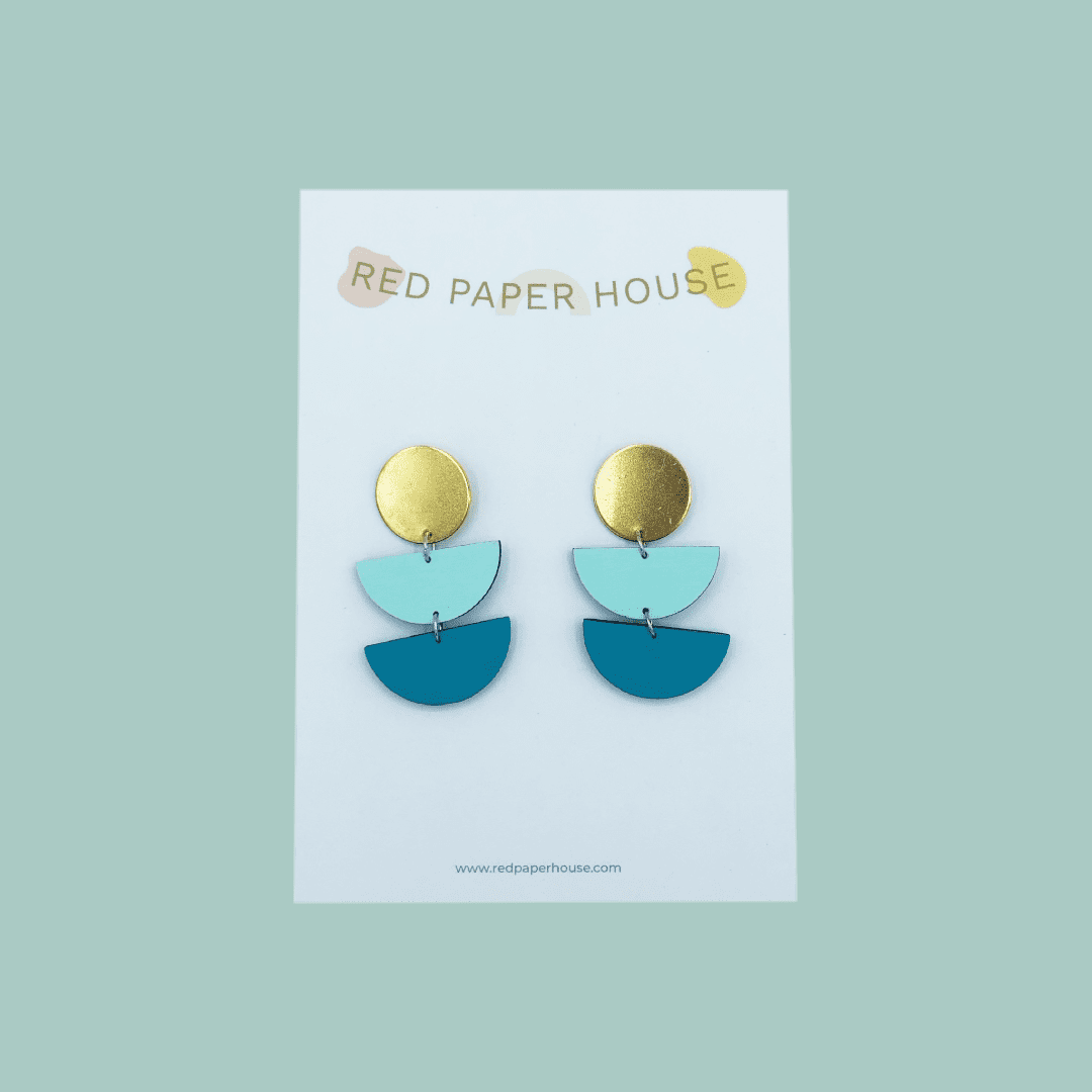 Large Brass Circle and Semi Circle Drop Earrings - Mint
