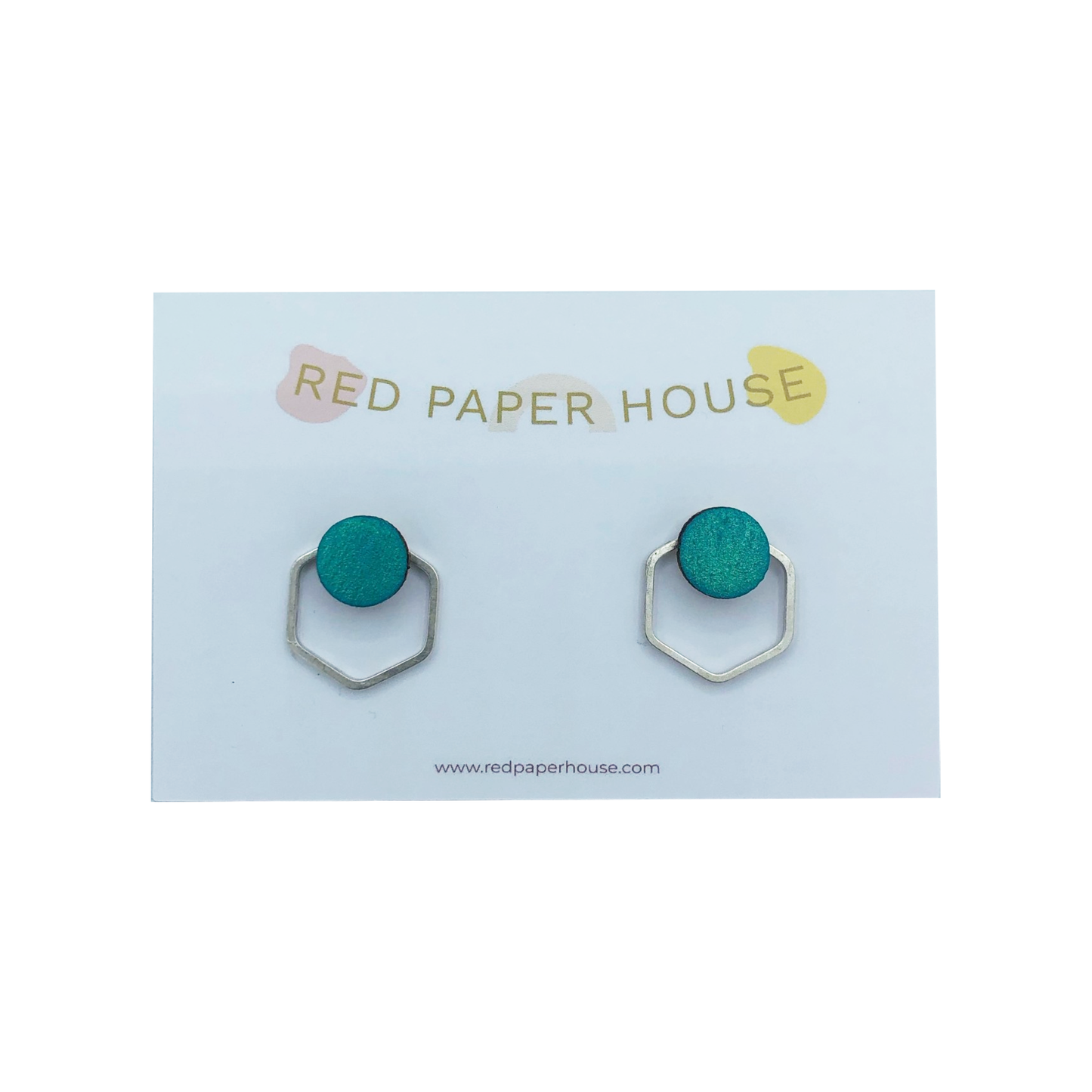 Teal earrings on a 'Red Paper House' branded card