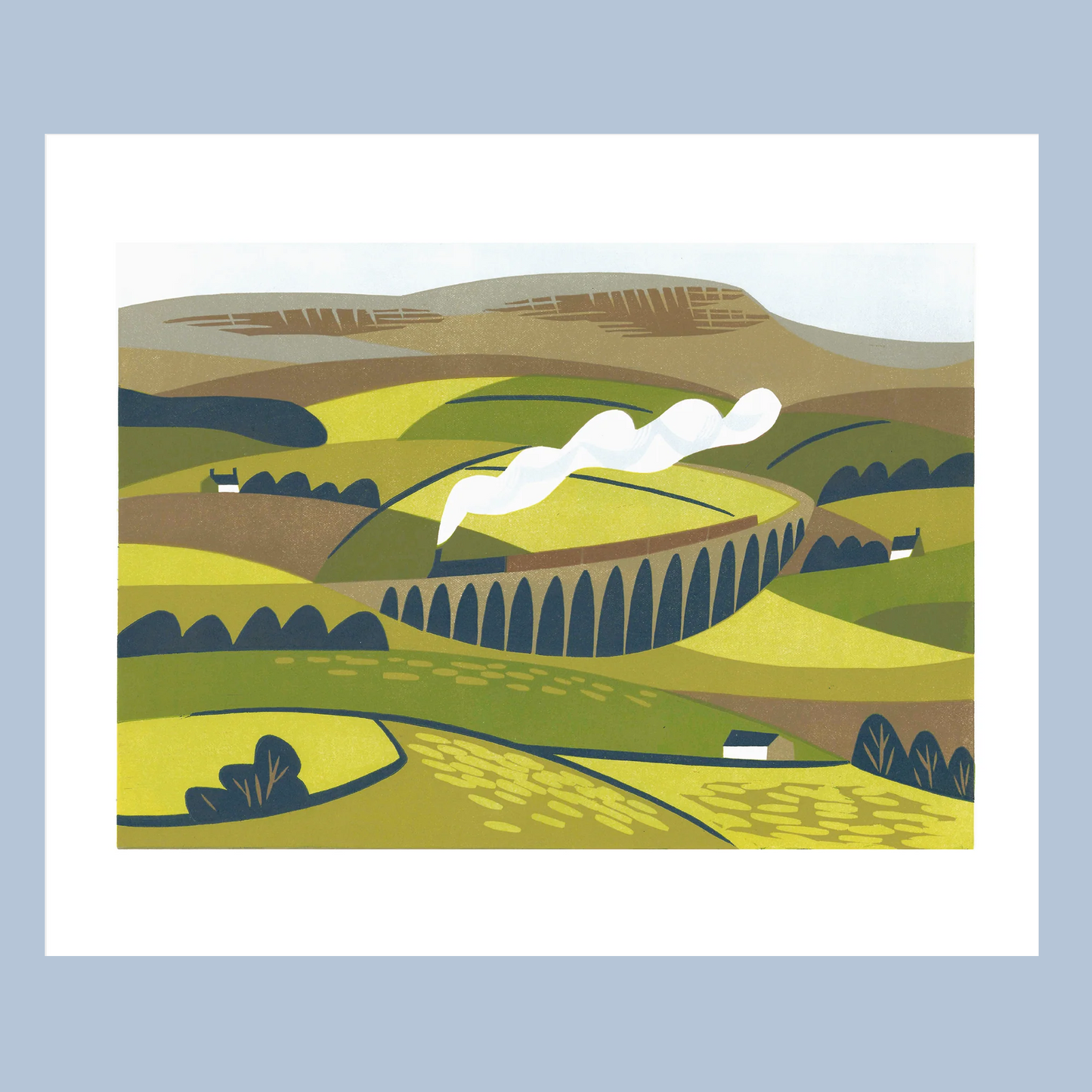 Illustration of a landscape with rolling hills and a white cloud on a light blue background