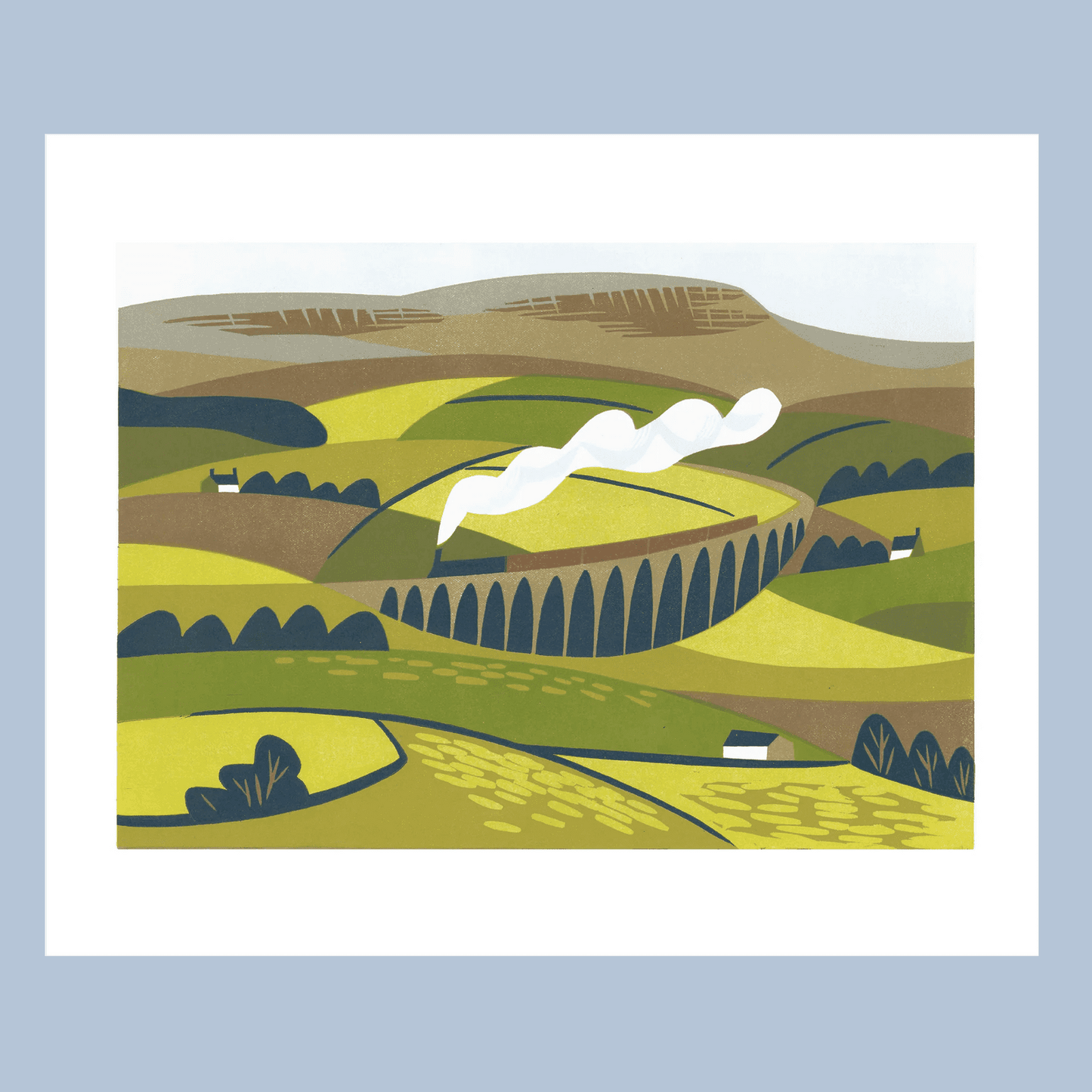 Illustration of a landscape with rolling hills and a white cloud on a light blue background
