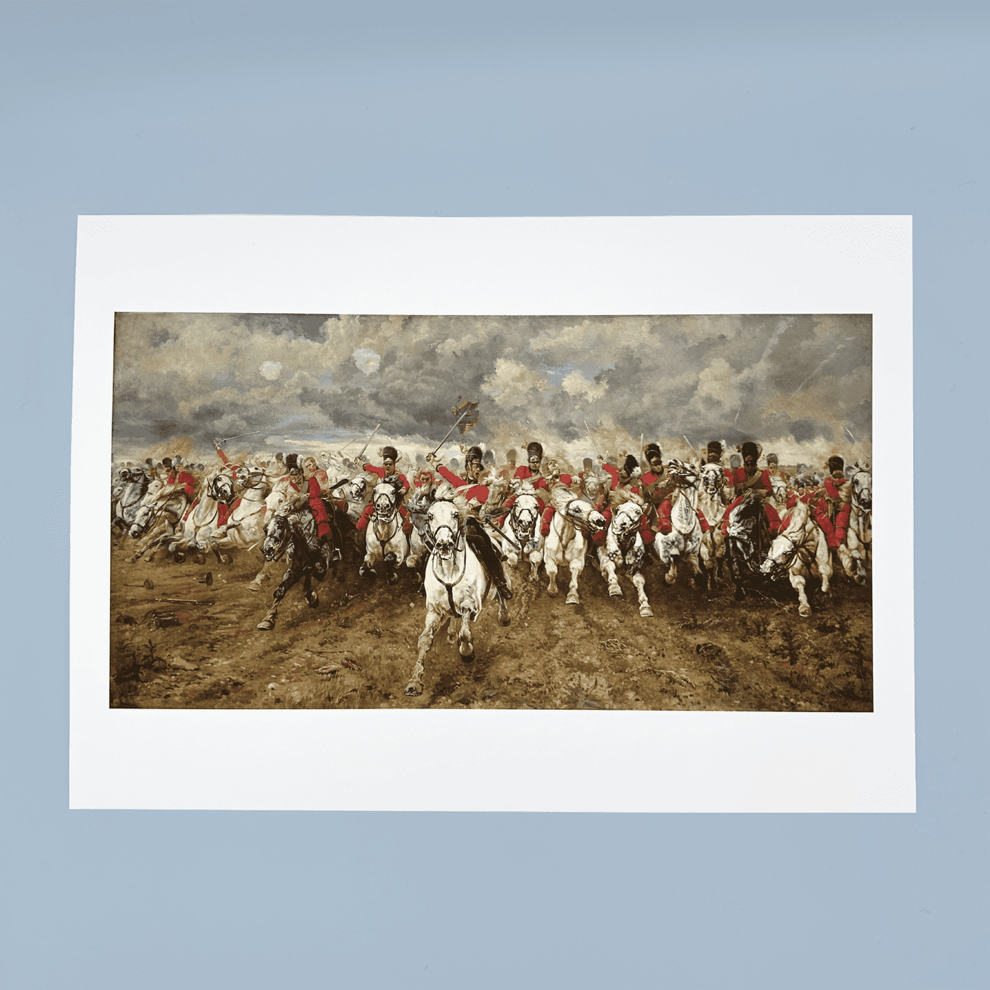 Print of a historical battle scene with soldiers on horseback.