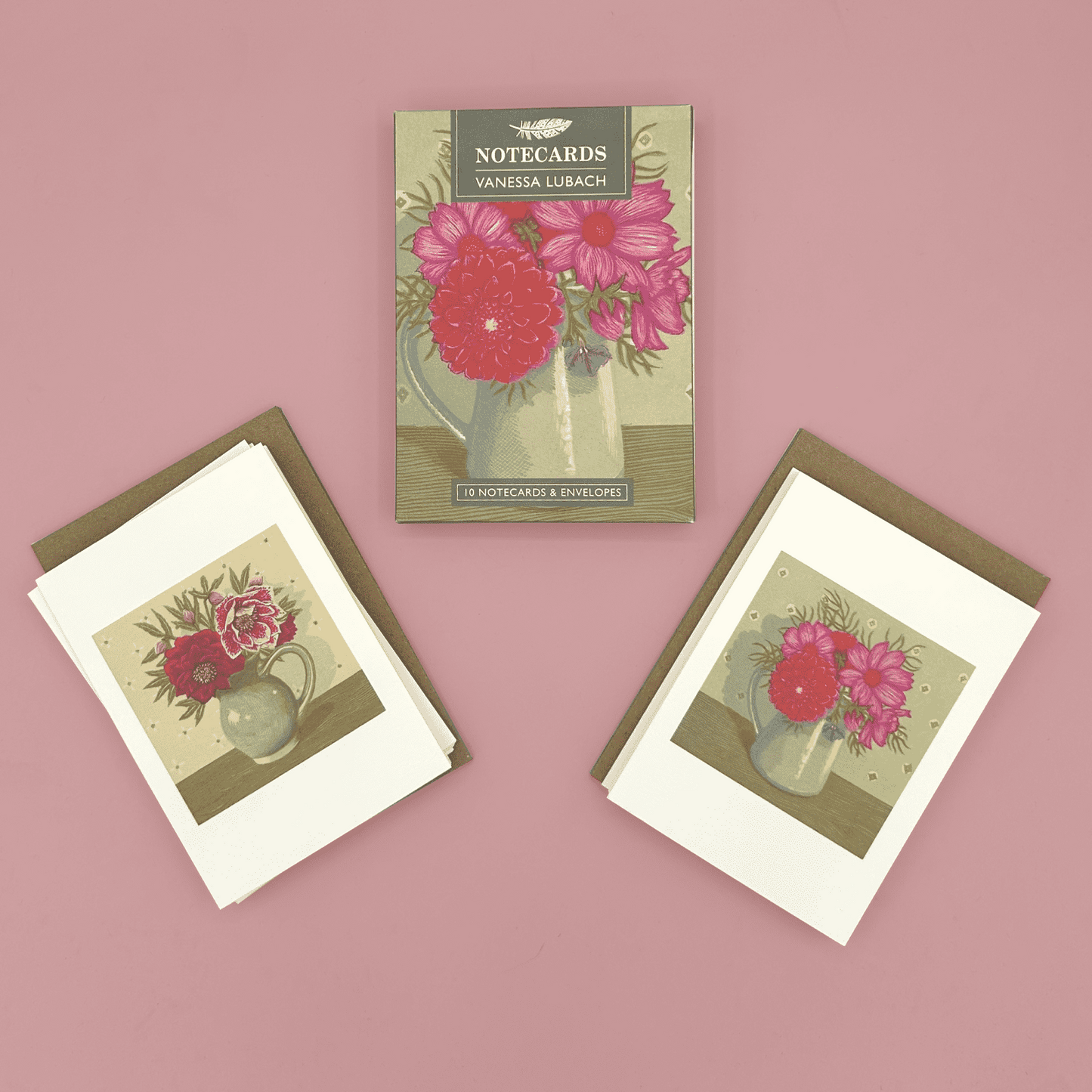 Set of floral notecards with matching box on a pink background