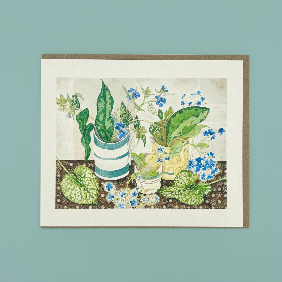 Greeting card with illustrations of potted plants and flowers on a textured background
