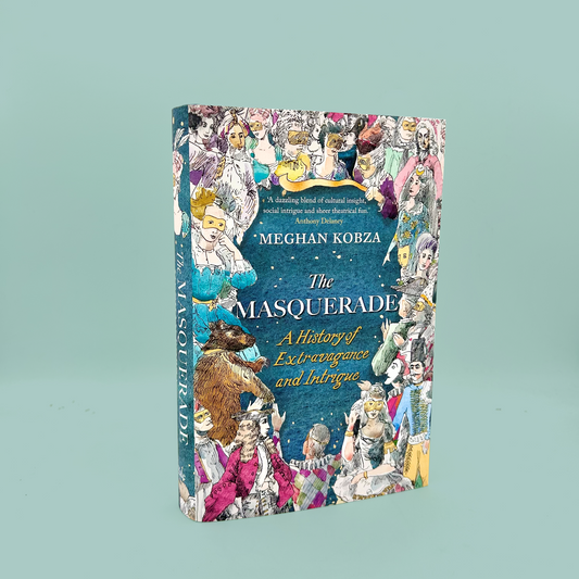 Book cover of 'The Masquerade' by Meghan Kobza on a light blue background