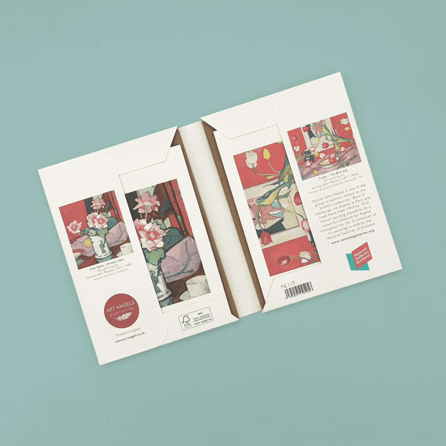 Open packaging of a product with artistic illustrations on a light blue background