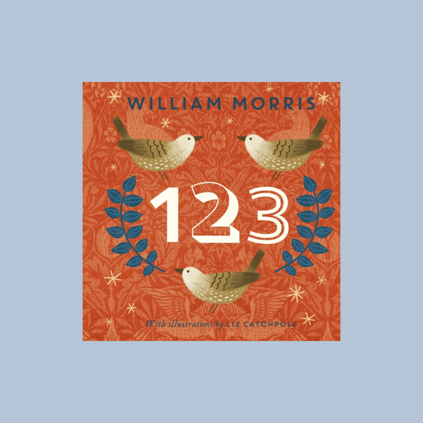 Book cover of 'William Morris 123' with birds and numbers on a red background