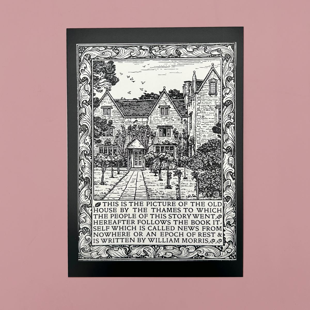 Decorative postcard of a house with text on a pink background