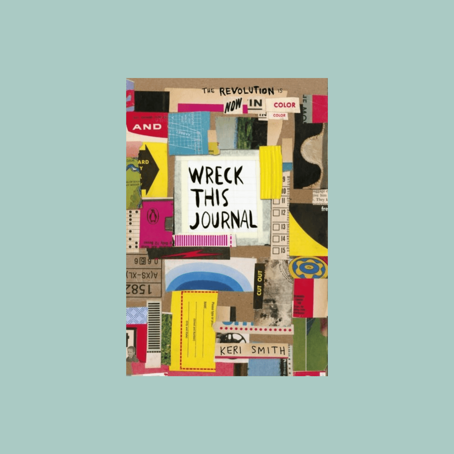 Colorful book cover of 'Wreck This Journal' with text on a light blue background