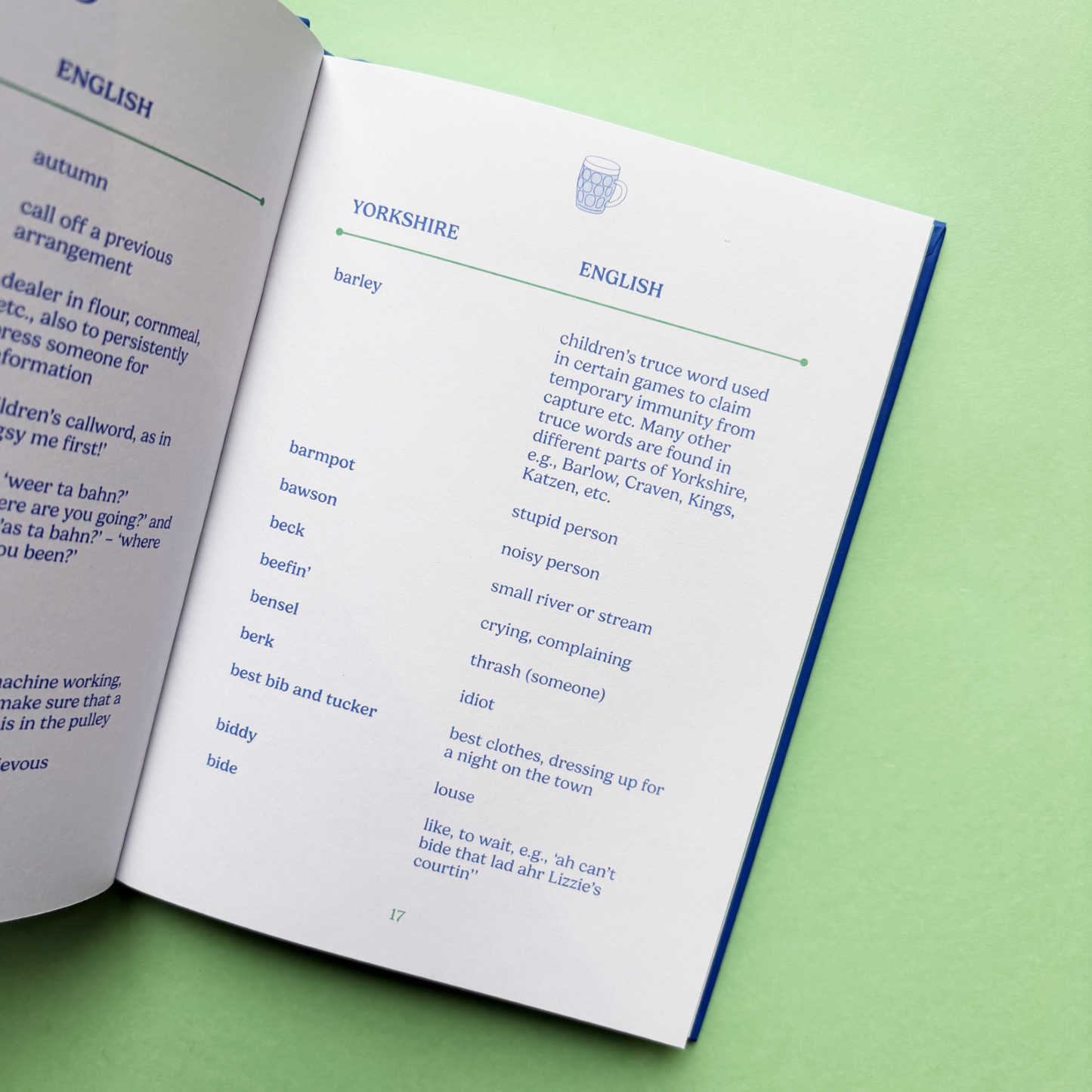 Open book showing a page with text on a green background