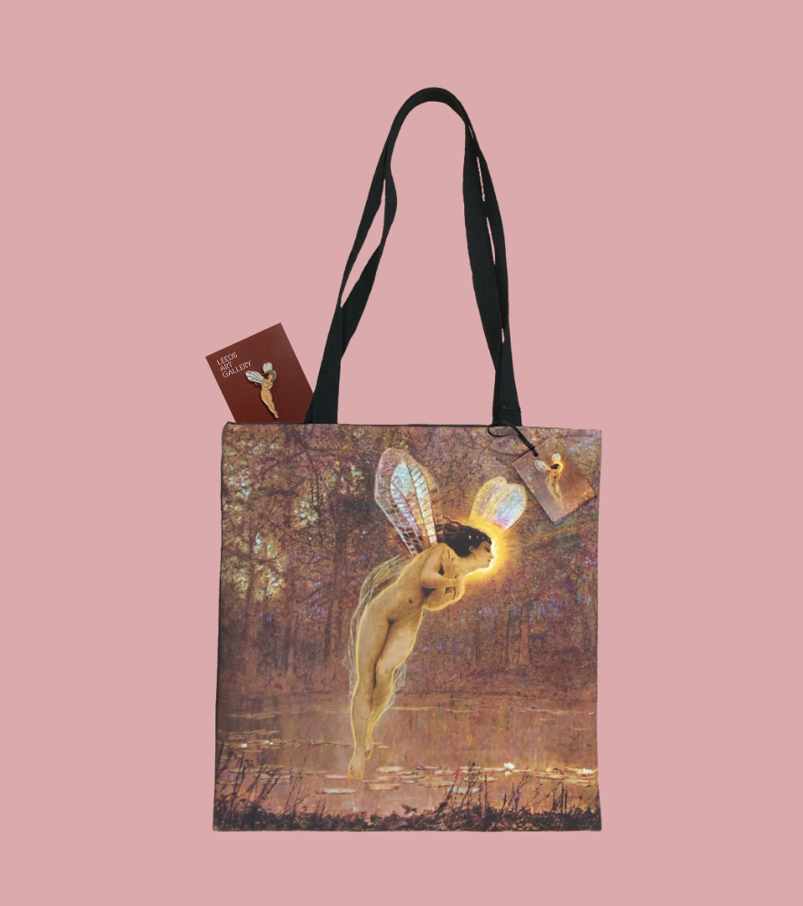 A grey background with musical notes and microphone pins, a black abstract back and a blue purse with birds and leaves on.
