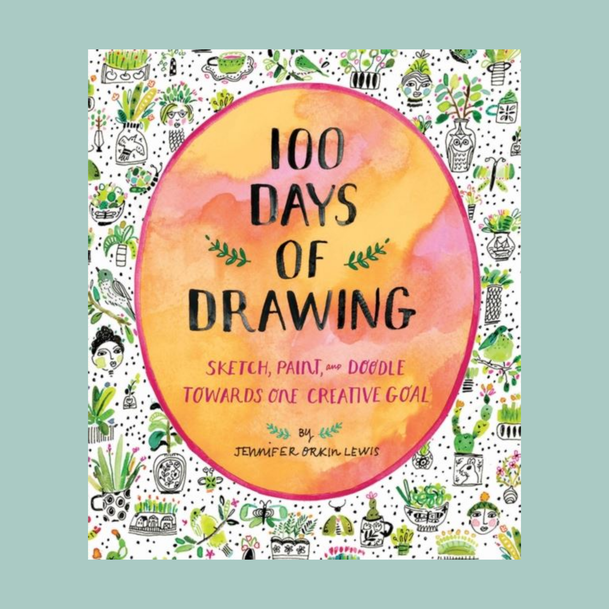 Book cover of '100 Days of Drawing' with colorful design and text.